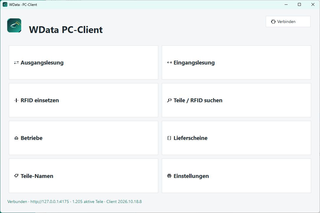 Startseite des WData Windows-Clients mit allen Funktionsbereichen